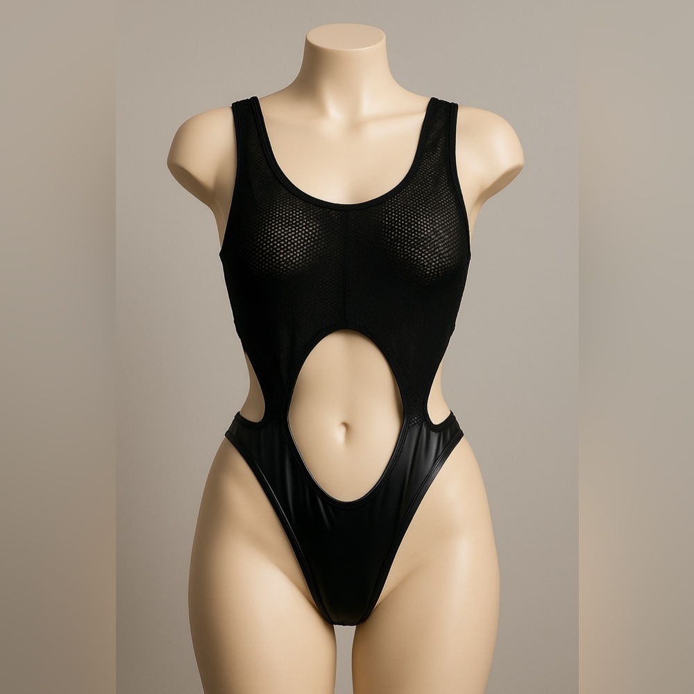 Fashion Nova Not Tripping Cutout Latex Mesh Bodysuit Black Large Sleeveless Tank